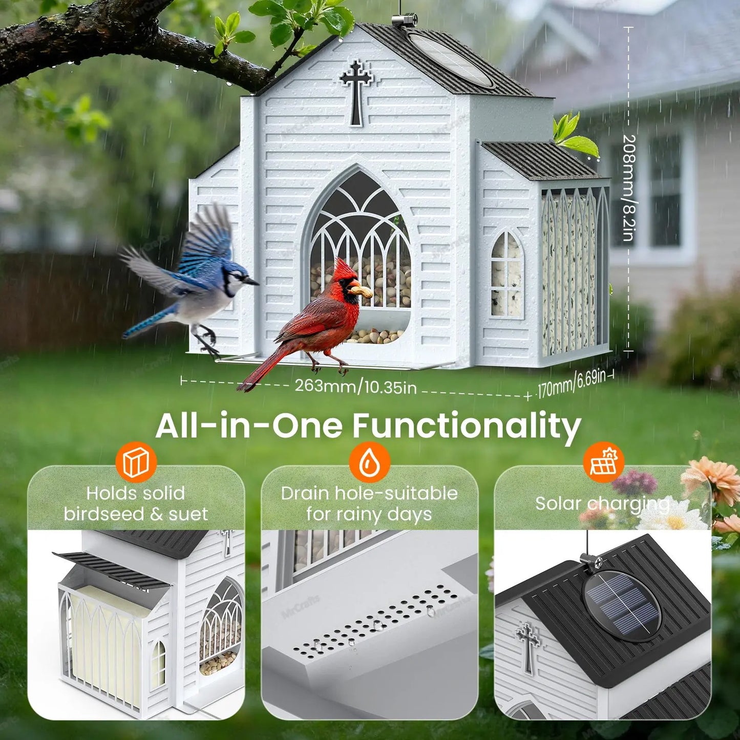 Mrcrafts Solar Church-Shaped Metal Bird Feeder - Weatherproof Hanging Outdoor Feeder with 4lb Capacity & Suet Holder