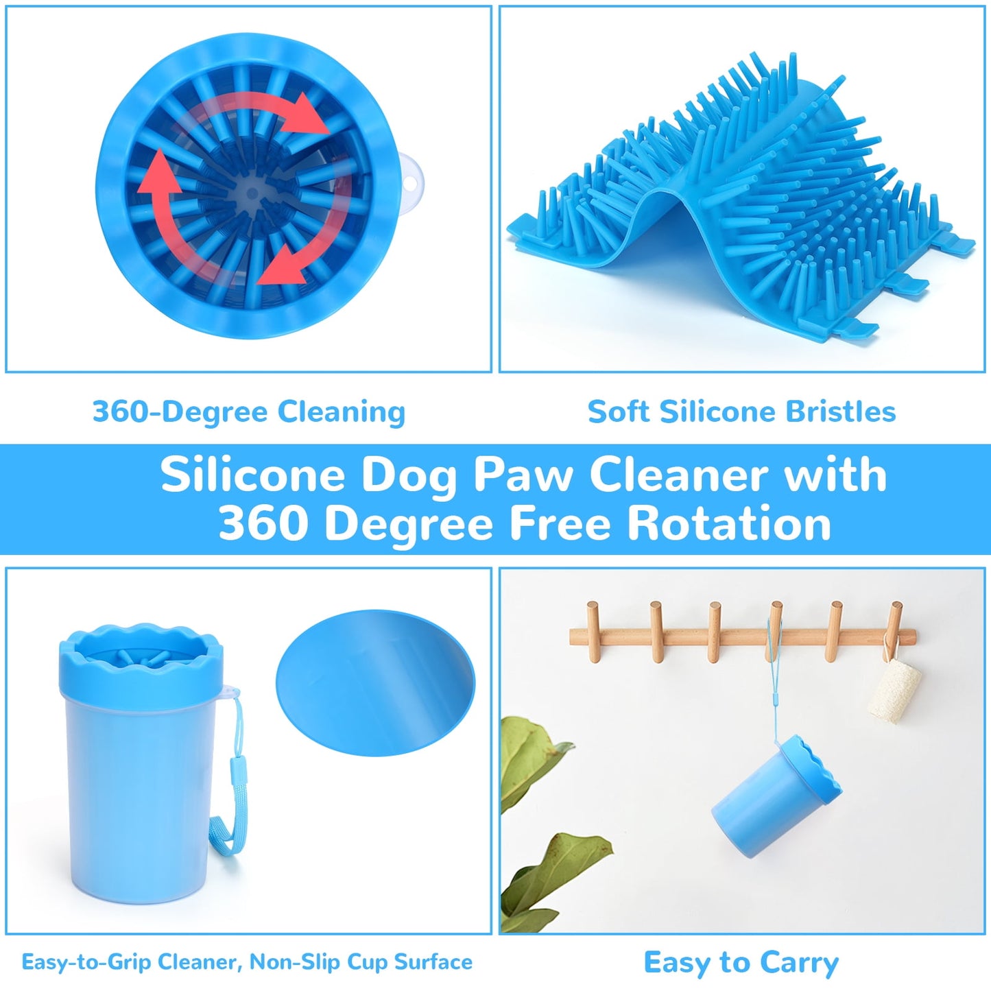 Dog Paw Cleaner Cup for Muddy Paws - Portable Medium Paw Washer for Dogs with Soft Silicone Brush, Grooming Tool, Towel & Comb