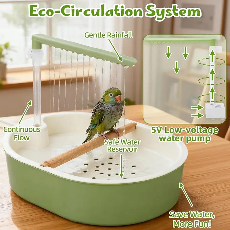 Automatic Bird Bath Tub with Water Shower & Wooden Perch for Budgies, Cockatiels & Small Birds