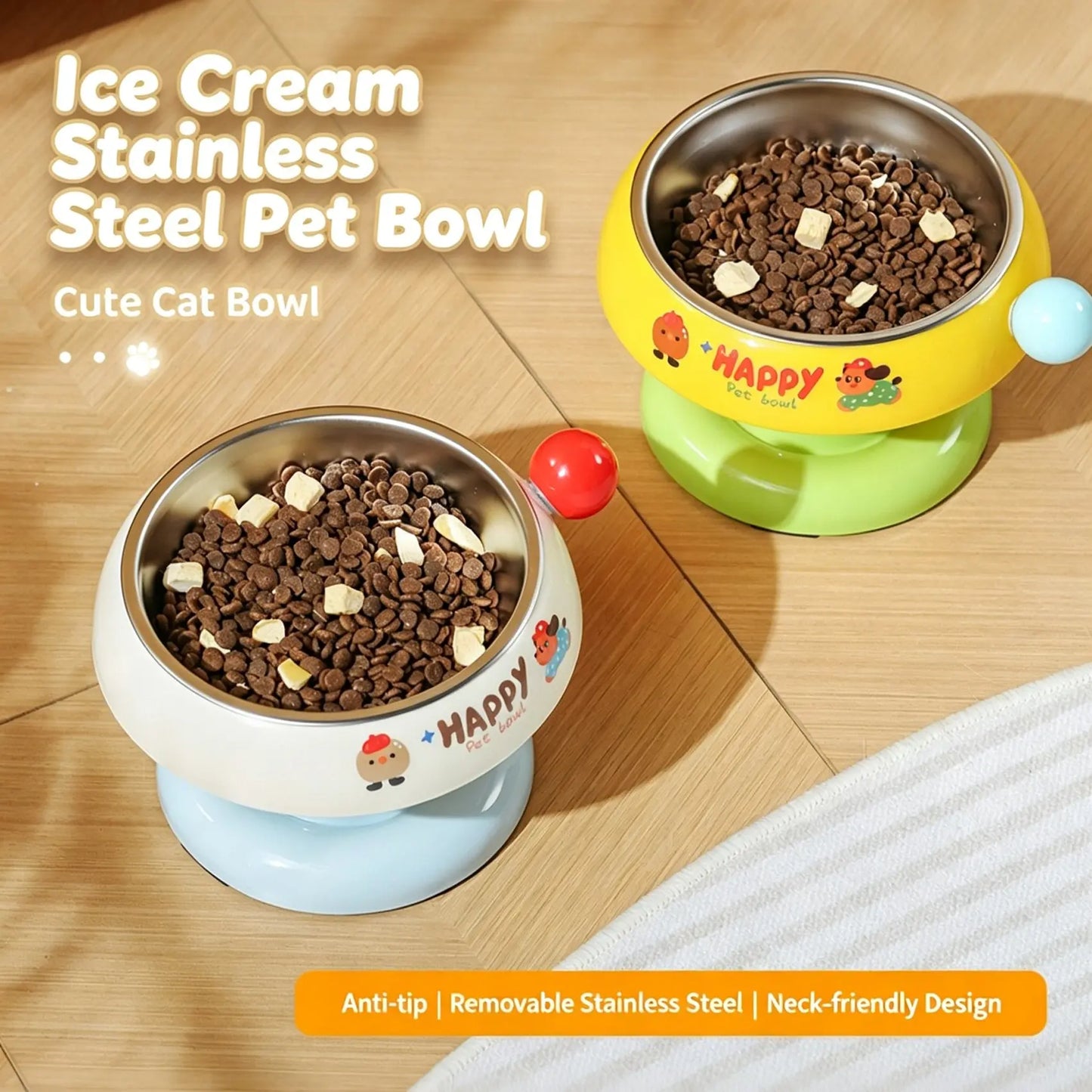 Anti-Slip Stainless Steel Pet Bowl for Cats & Small Dogs - Non-Tip Feeder with Removable Easy-Clean Liner, 3 Colours