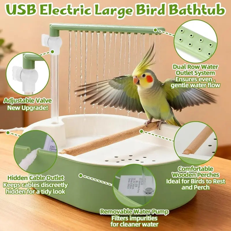 Automatic Bird Bath Tub with Water Shower & Wooden Perch for Budgies, Cockatiels & Small Birds