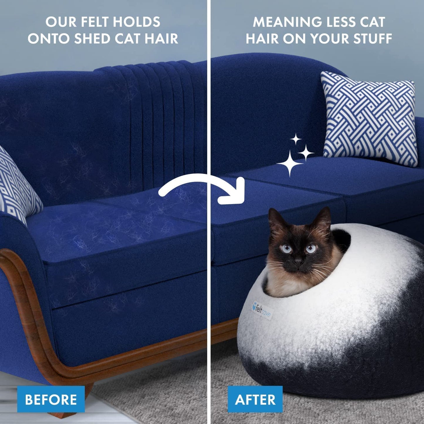 Medium Merino Wool Cat Cave Bed - Black & White Handcrafted Felt Hideaway for Indoor Cats