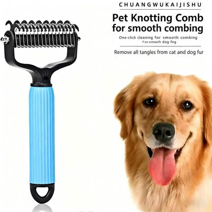 Pet Detangling Comb for Dogs & Cats. Double-Sided Grooming Brush with Undercoat Rake & One-Click Hair Removal