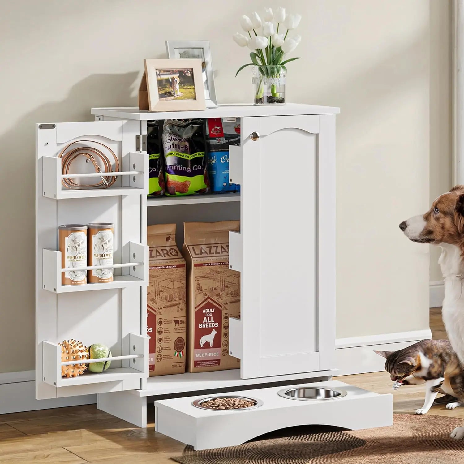 Contemporary Dog Feeding Station with Adjustable Shelves and Storage Cabinet for Cats and Dogs – White Indoor Organizer by Summergarden