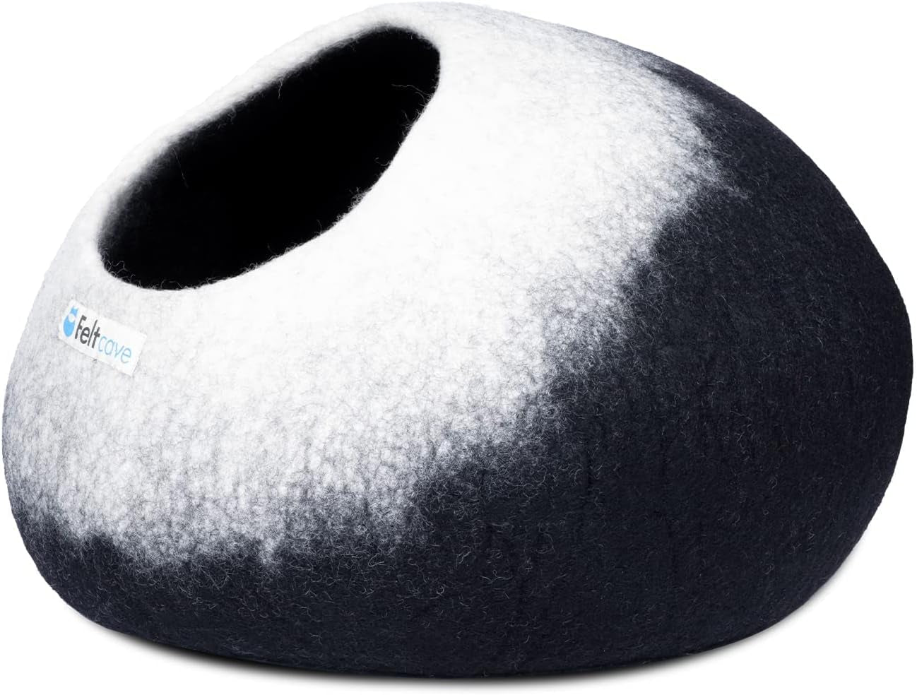Medium Merino Wool Cat Cave Bed - Black & White Handcrafted Felt Hideaway for Indoor Cats