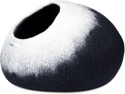 Medium Merino Wool Cat Cave Bed - Black & White Handcrafted Felt Hideaway for Indoor Cats