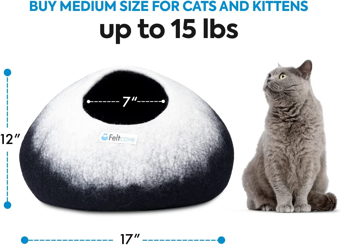 Medium Merino Wool Cat Cave Bed - Black & White Handcrafted Felt Hideaway for Indoor Cats