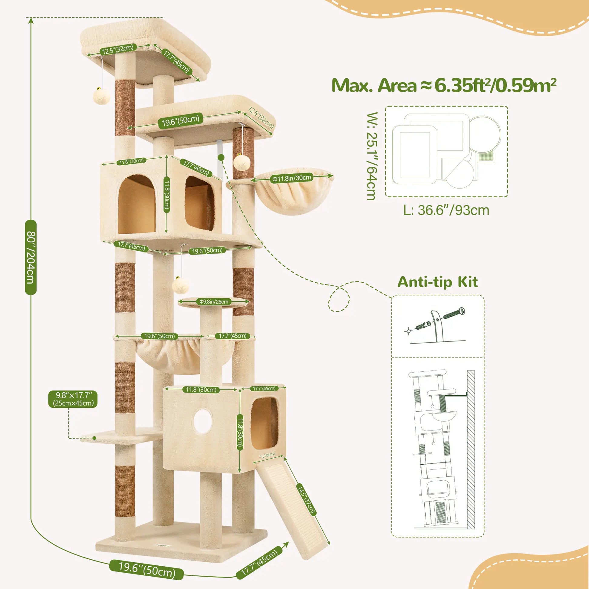 Globlazer 80-Inch Heavy-Duty Cat Tree for Large Cats - Space-Saving Corner Cat Tower with Condos, Scratching Posts, Hammock & Perches