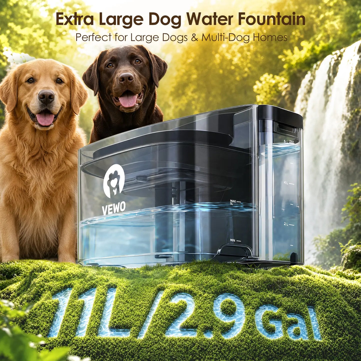 VEWO 11L Large Dog Water Fountain - No-Spill Automatic Pet Water Dispenser with Deep Basin, Black & White