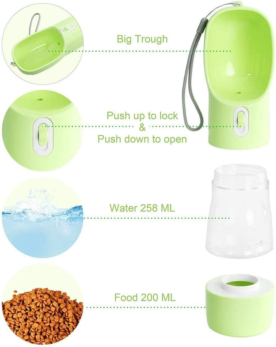 Portable Dog Water Bottle with Food Container - Leak-Proof Travel Pet Water Dispenser, Green
