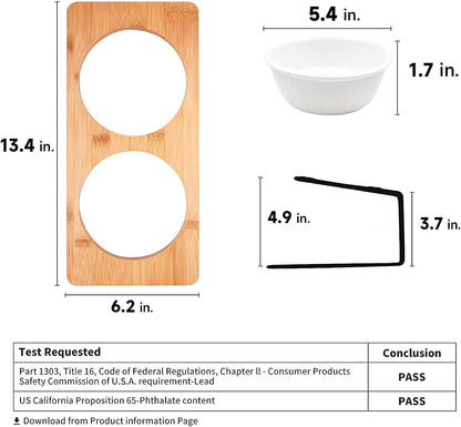Elevated Ceramic Cat Bowls with Bamboo Stand - 15° Tilted Raised Food & Water Bowl Set for Cats & Puppies