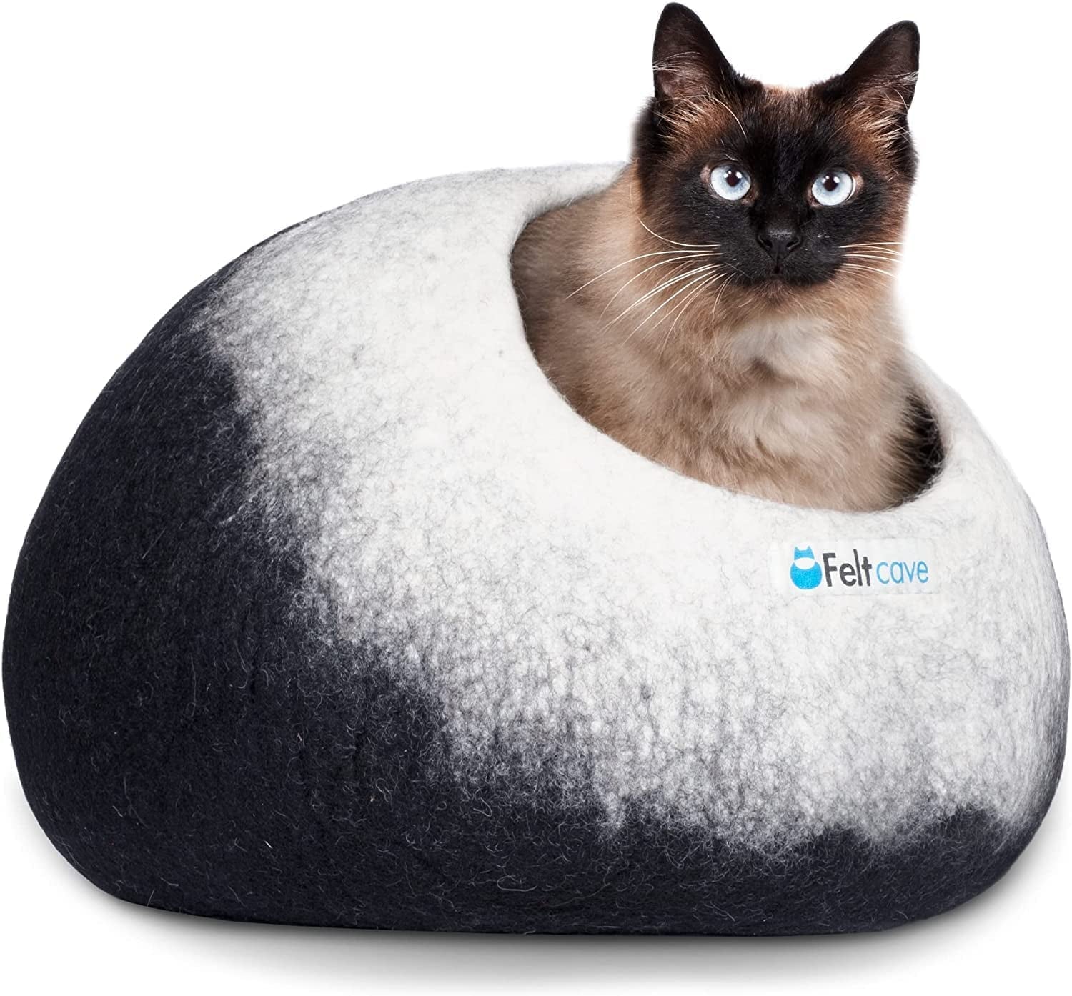 Medium Merino Wool Cat Cave Bed - Black & White Handcrafted Felt Hideaway for Indoor Cats