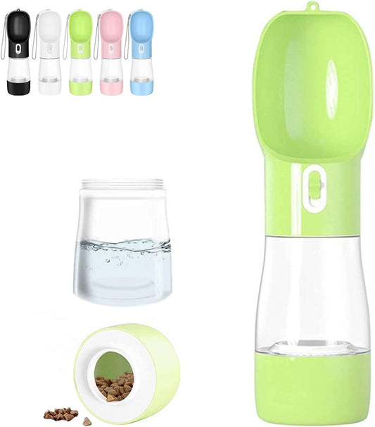 Portable Dog Water Bottle with Food Container - Leak-Proof Travel Pet Water Dispenser, Green