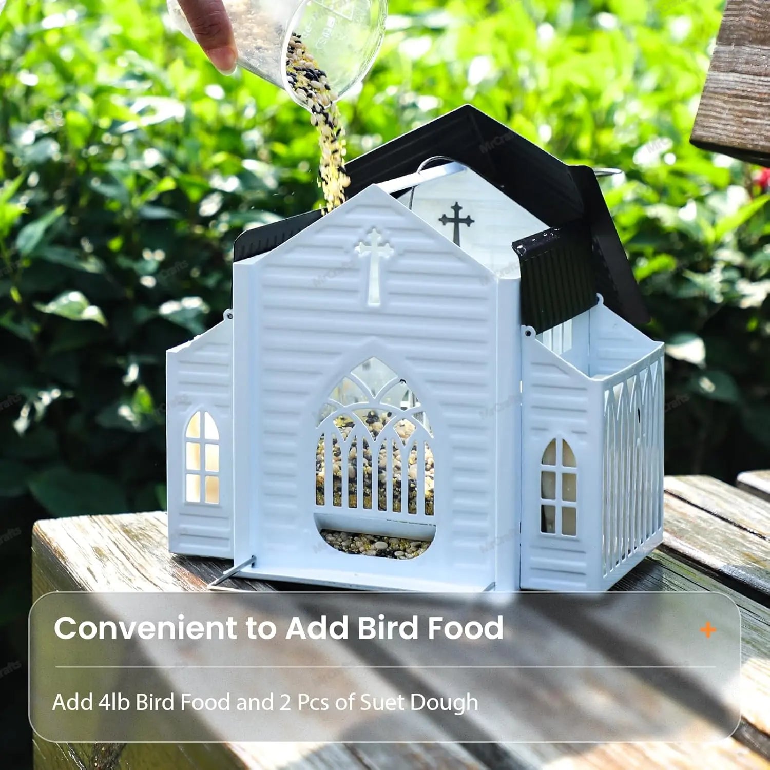 Mrcrafts Solar Church-Shaped Metal Bird Feeder - Weatherproof Hanging Outdoor Feeder with 4lb Capacity & Suet Holder