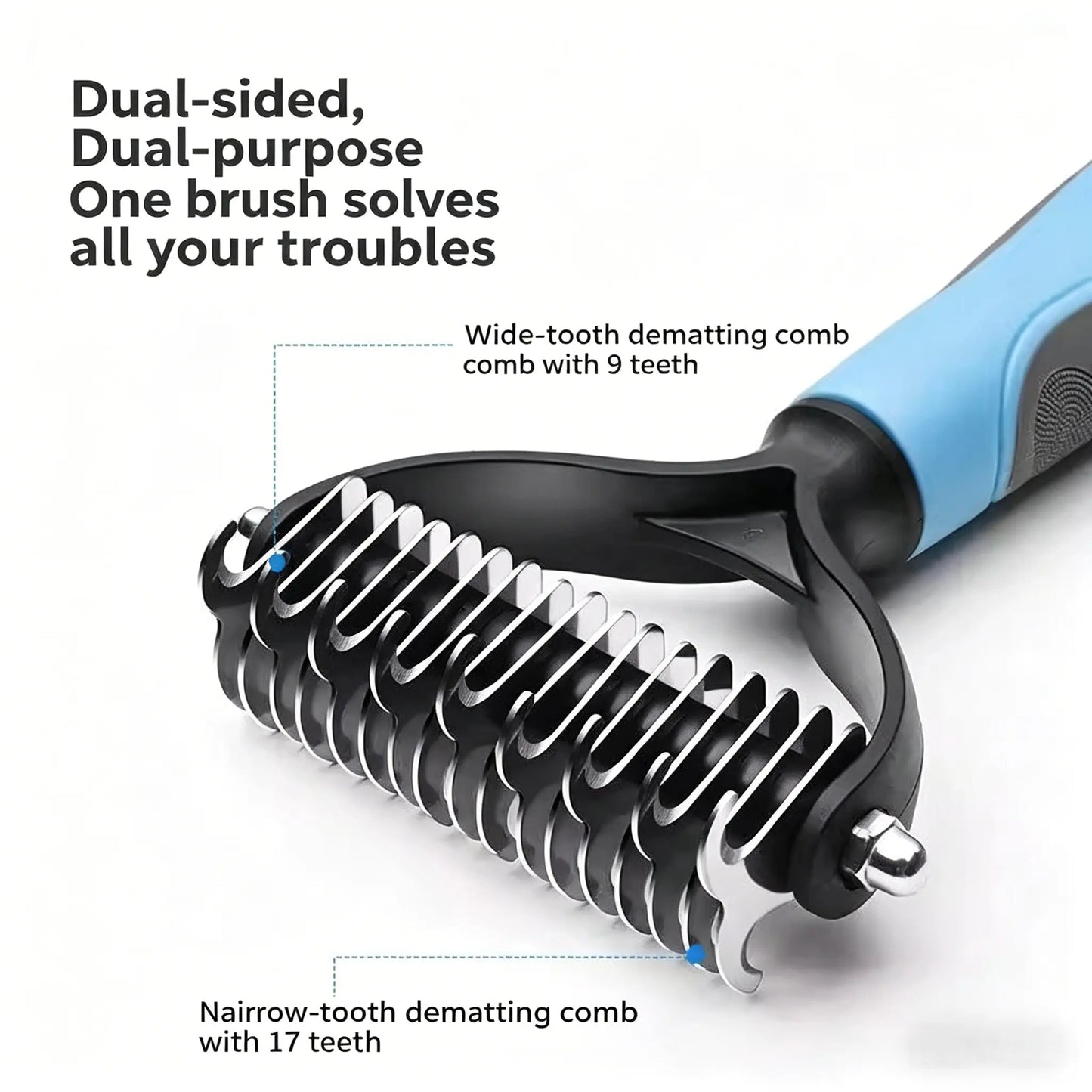 Pet Detangling Comb for Dogs & Cats. Double-Sided Grooming Brush with Undercoat Rake & One-Click Hair Removal