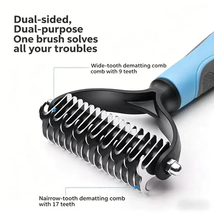 Pet Detangling Comb for Dogs & Cats. Double-Sided Grooming Brush with Undercoat Rake & One-Click Hair Removal