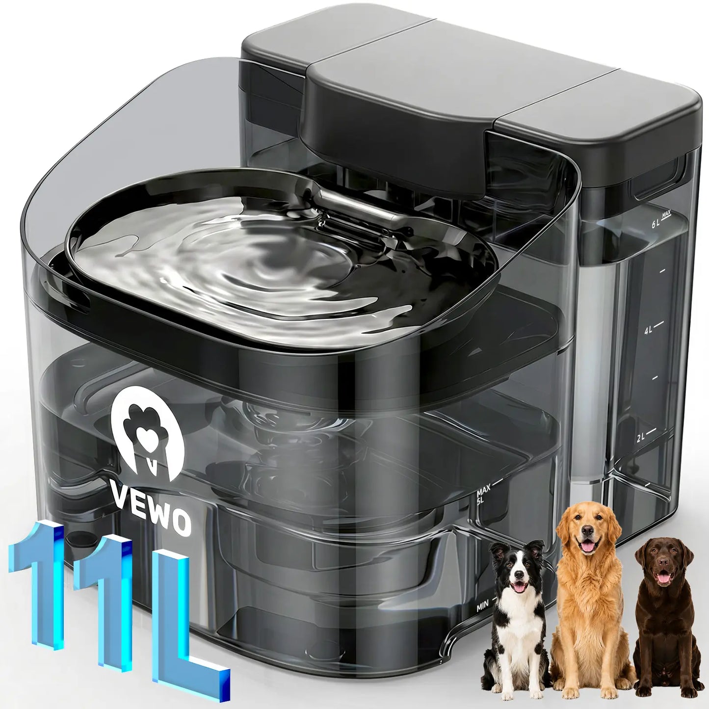 VEWO 11L Large Dog Water Fountain - No-Spill Automatic Pet Water Dispenser with Deep Basin, Black & White
