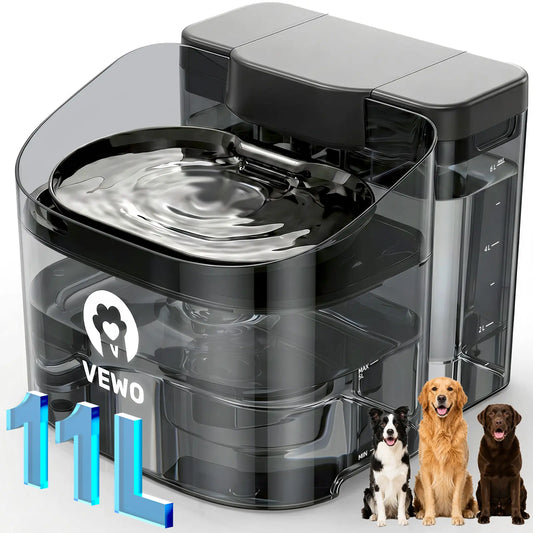 VEWO 11L Large Dog Water Fountain - No-Spill Automatic Pet Water Dispenser with Deep Basin, Black & White
