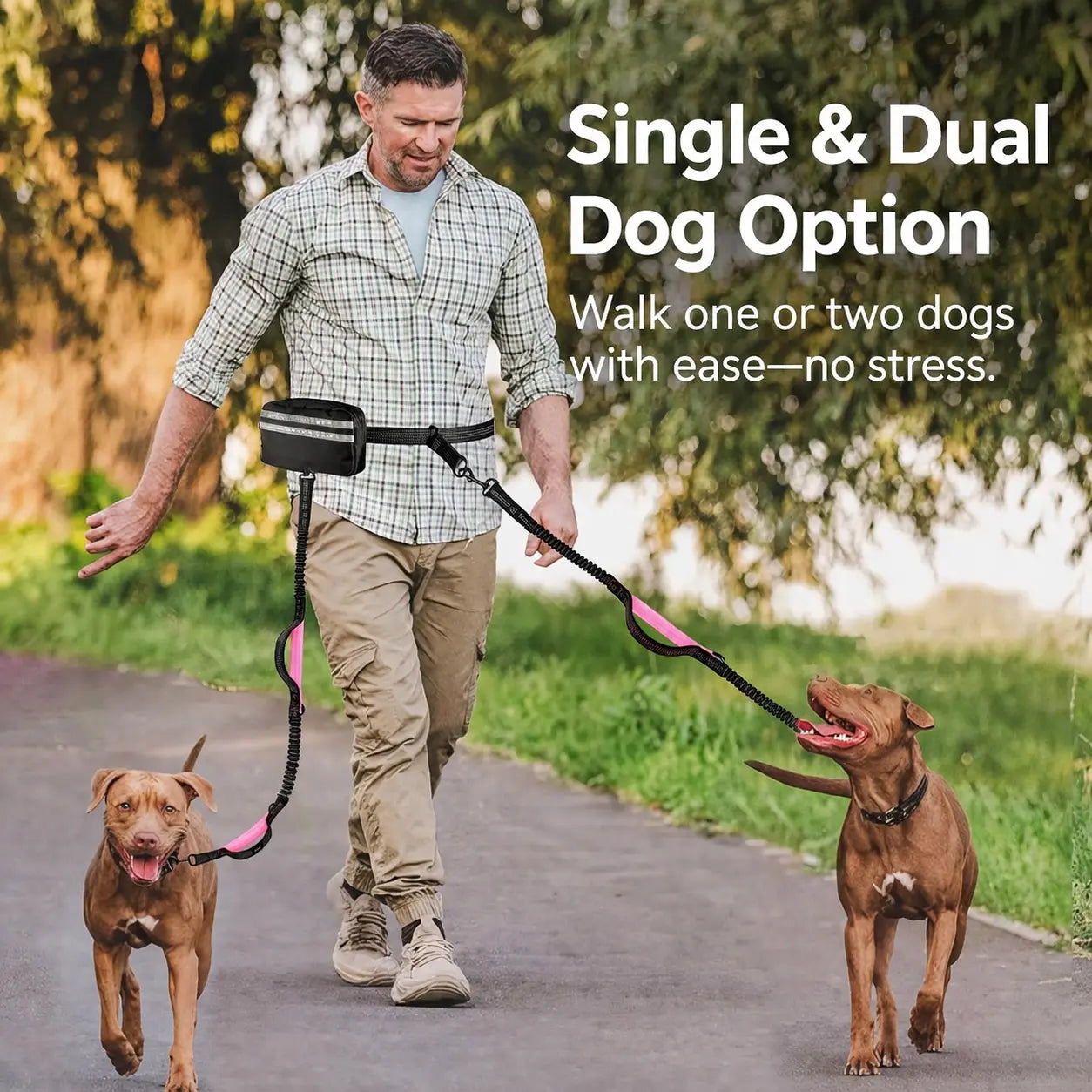 Hands-Free Dual Dog Leash for Walking Two Dogs - No-Tangle Double Lead with Waist Bag, Cushioned Pad & 5 Colour Options