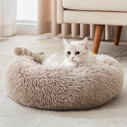 Calming Donut Pet Bed for Dogs & Cats - Soft Faux Fur Round Cuddler Bed with Non-Slip Base, 20"–30"