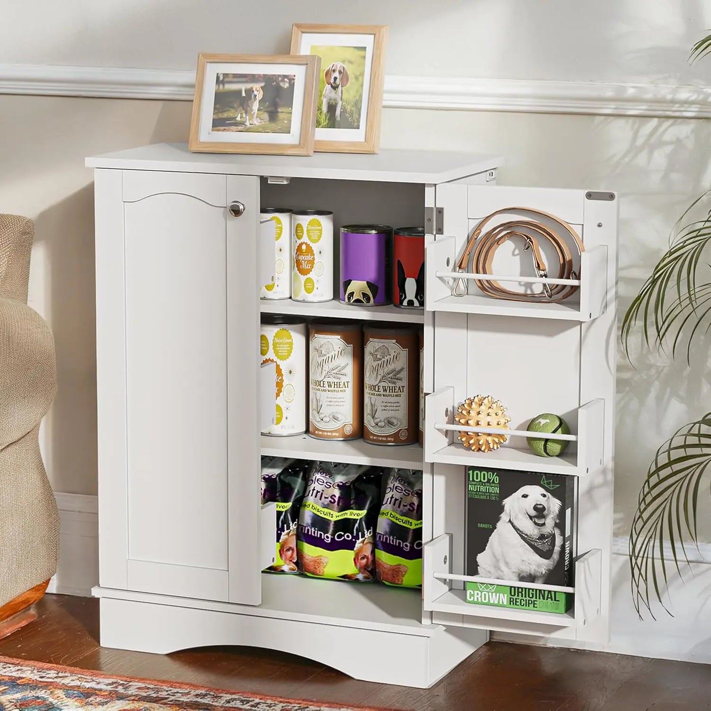 Contemporary Dog Feeding Station with Adjustable Shelves and Storage Cabinet for Cats and Dogs – White Indoor Organizer by Summergarden