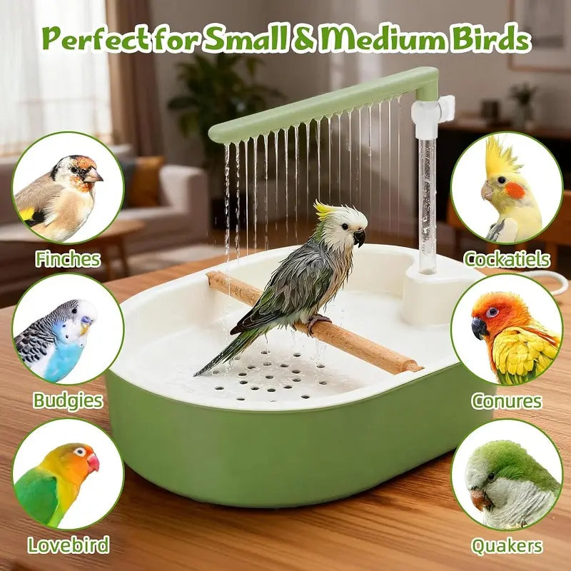 Automatic Bird Bath Tub with Water Shower & Wooden Perch for Budgies, Cockatiels & Small Birds