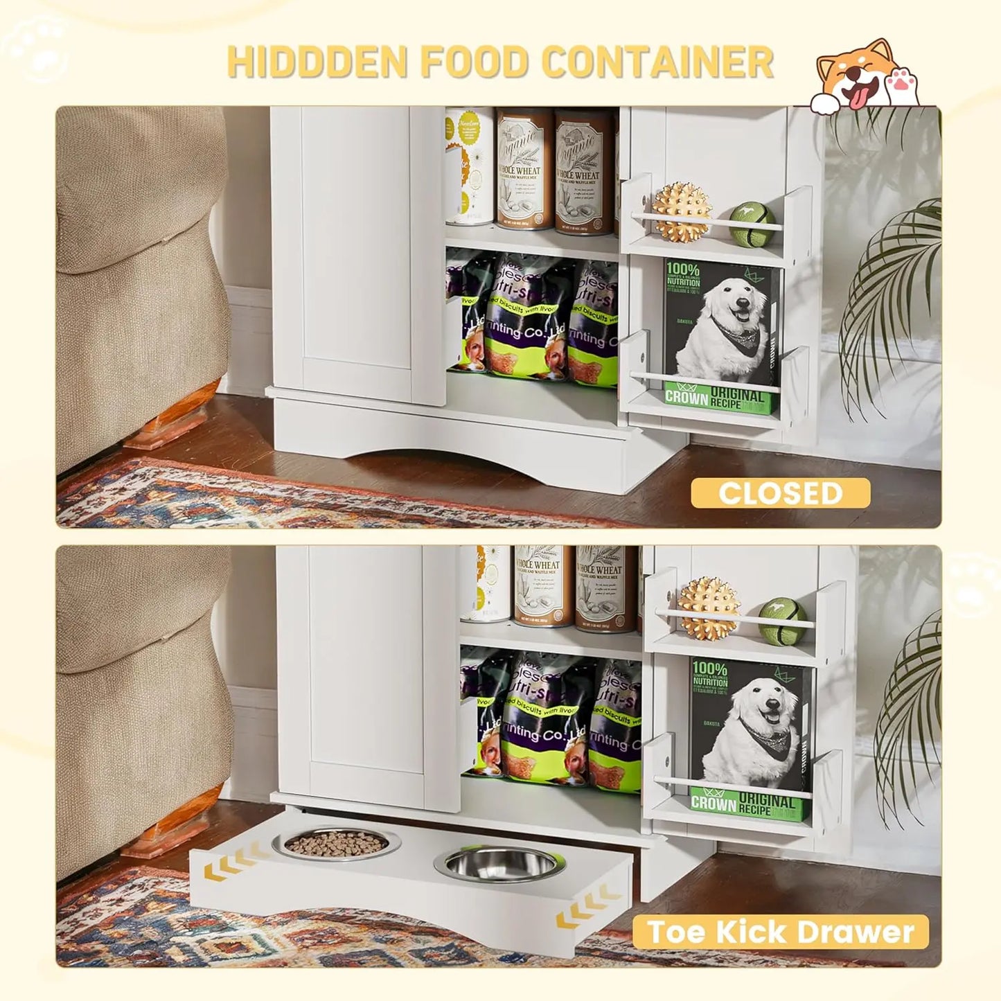Contemporary Dog Feeding Station with Adjustable Shelves and Storage Cabinet for Cats and Dogs – White Indoor Organizer by Summergarden