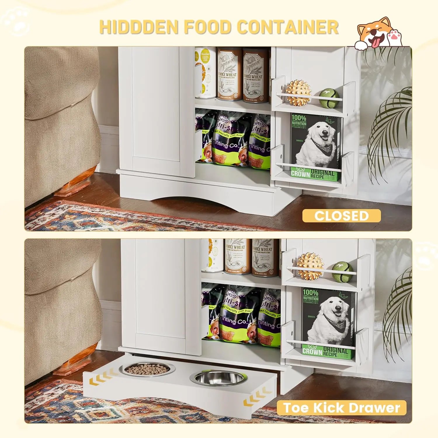 Contemporary Dog Feeding Station with Adjustable Shelves and Storage Cabinet for Cats and Dogs – White Indoor Organizer by Summergarden