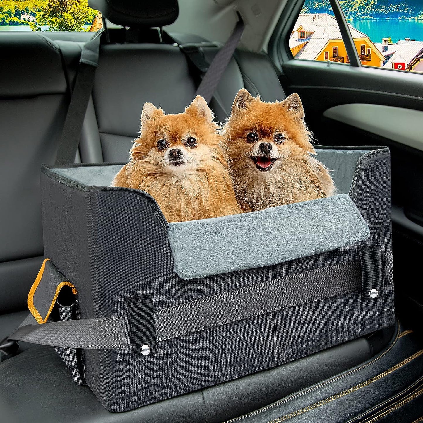 Elevated Dog Car Seat for Small Dogs & Cats - Pet Booster Travel Seat with Adjustable Straps & Soft Liner