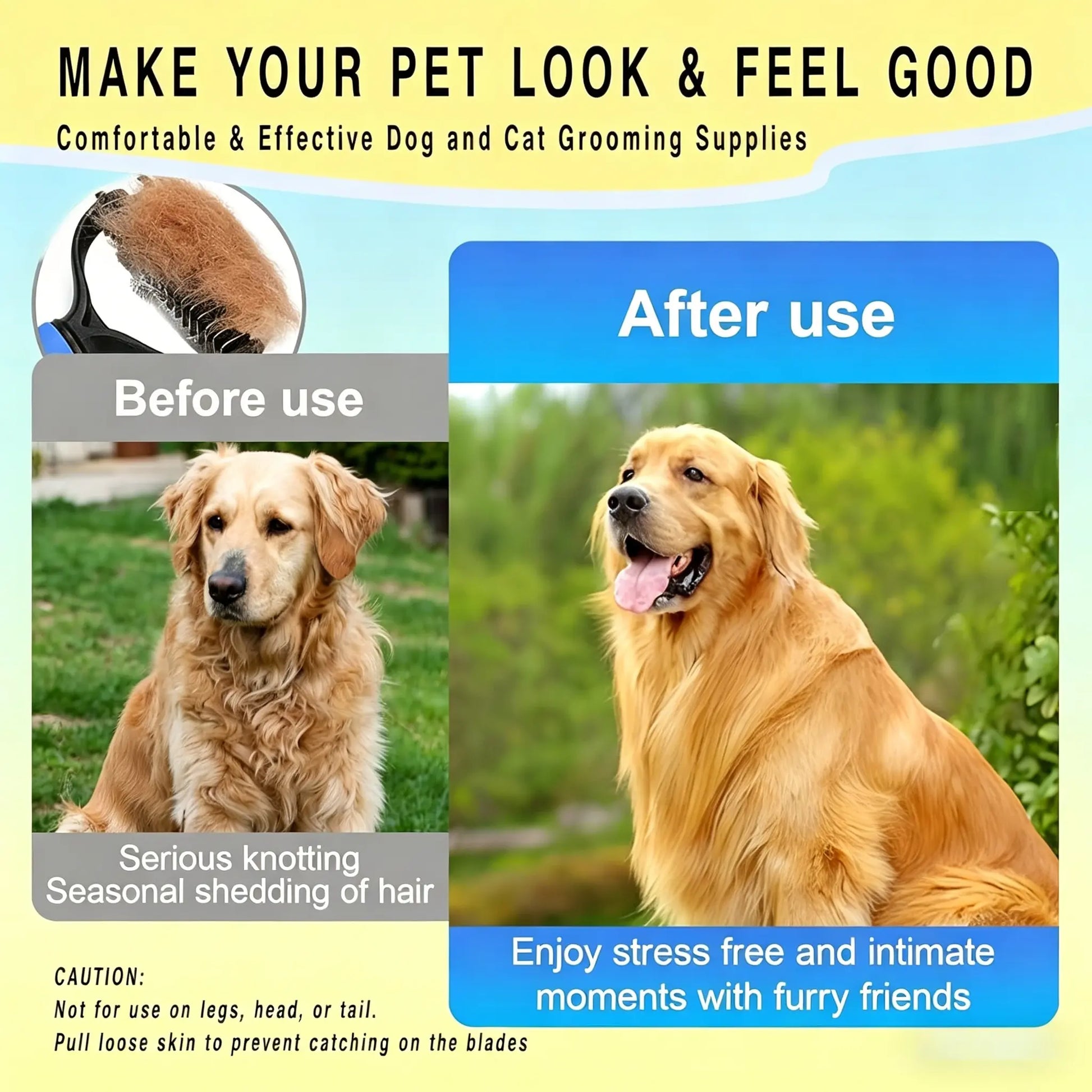 Pet Detangling Comb for Dogs & Cats. Double-Sided Grooming Brush with Undercoat Rake & One-Click Hair Removal