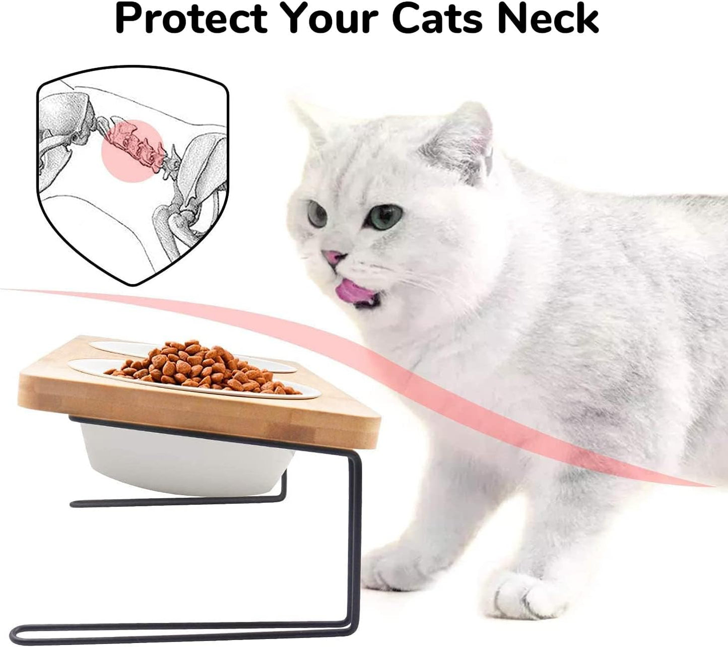 Elevated Ceramic Cat Bowls with Bamboo Stand - 15° Tilted Raised Food & Water Bowl Set for Cats & Puppies