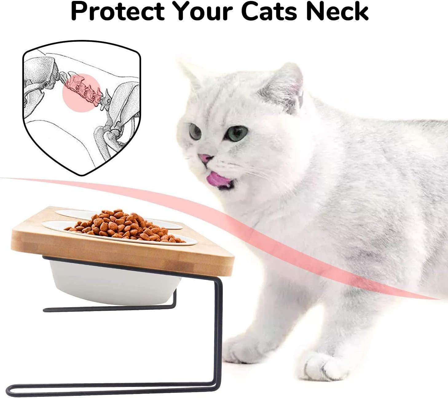 Elevated Ceramic Cat Bowls with Bamboo Stand - 15° Tilted Raised Food & Water Bowl Set for Cats & Puppies