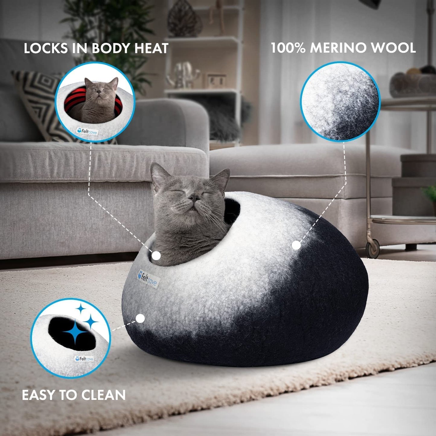 Medium Merino Wool Cat Cave Bed - Black & White Handcrafted Felt Hideaway for Indoor Cats