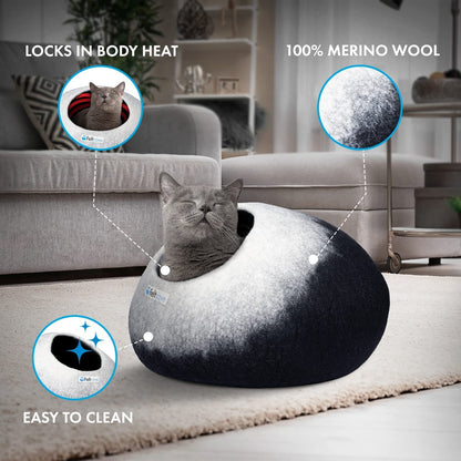 Medium Merino Wool Cat Cave Bed - Black & White Handcrafted Felt Hideaway for Indoor Cats