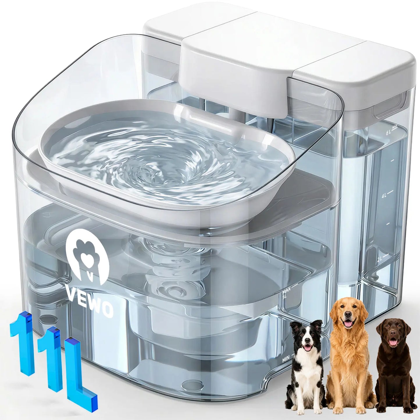 VEWO 11L Large Dog Water Fountain - No-Spill Automatic Pet Water Dispenser with Deep Basin, Black & White