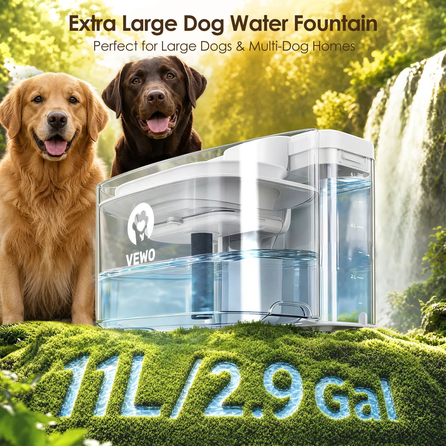 VEWO 11L Large Dog Water Fountain - No-Spill Automatic Pet Water Dispenser with Deep Basin, Black & White