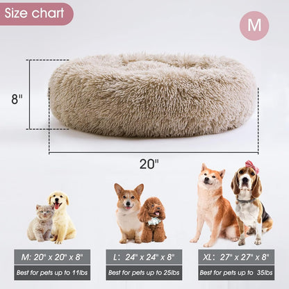 Calming Donut Pet Bed for Dogs & Cats - Soft Faux Fur Round Cuddler Bed with Non-Slip Base, 20"–30"