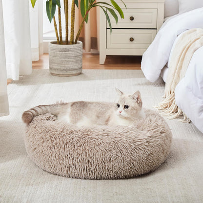 Calming Donut Pet Bed for Dogs & Cats - Soft Faux Fur Round Cuddler Bed with Non-Slip Base, 20"–30"