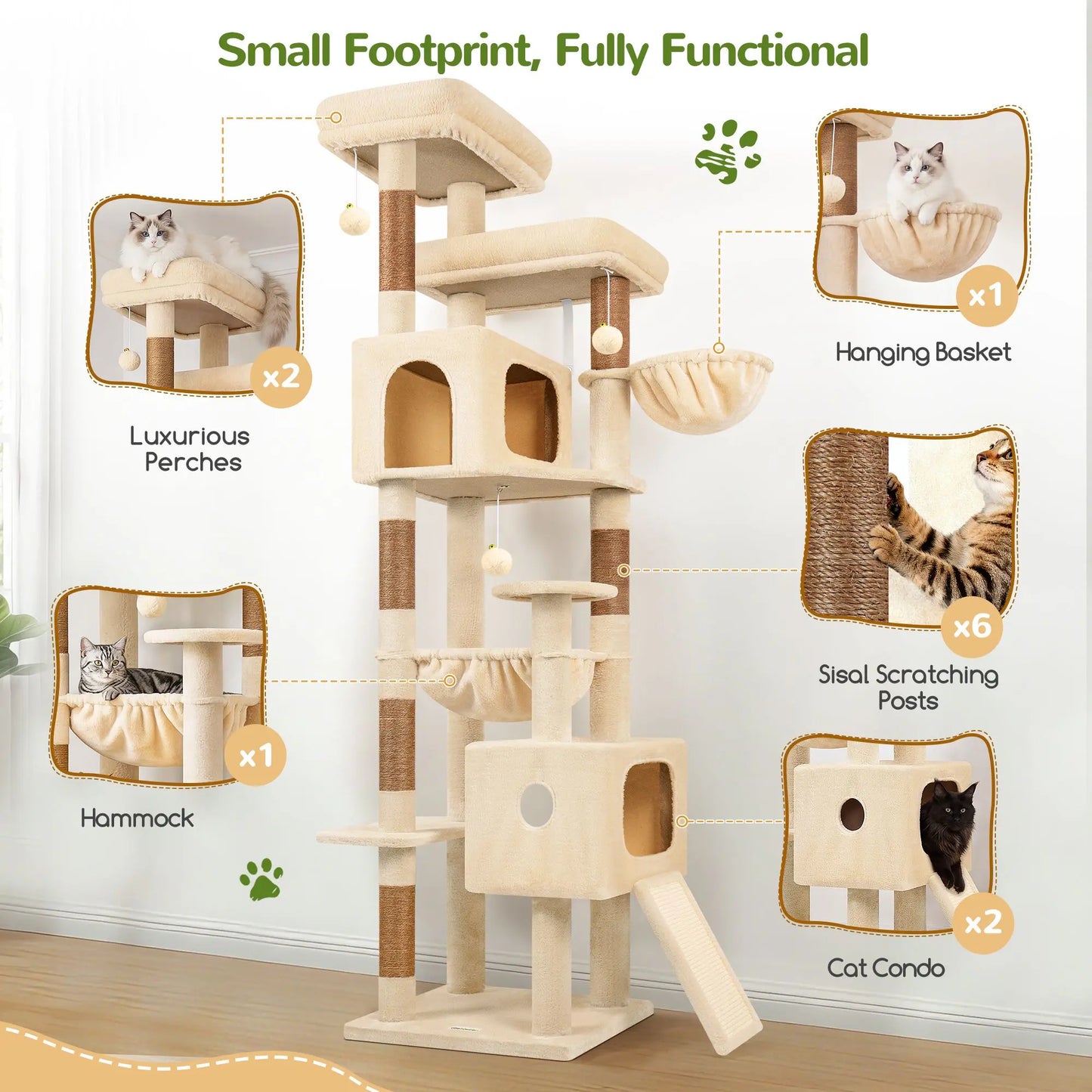 Globlazer 80-Inch Heavy-Duty Cat Tree for Large Cats - Space-Saving Corner Cat Tower with Condos, Scratching Posts, Hammock & Perches