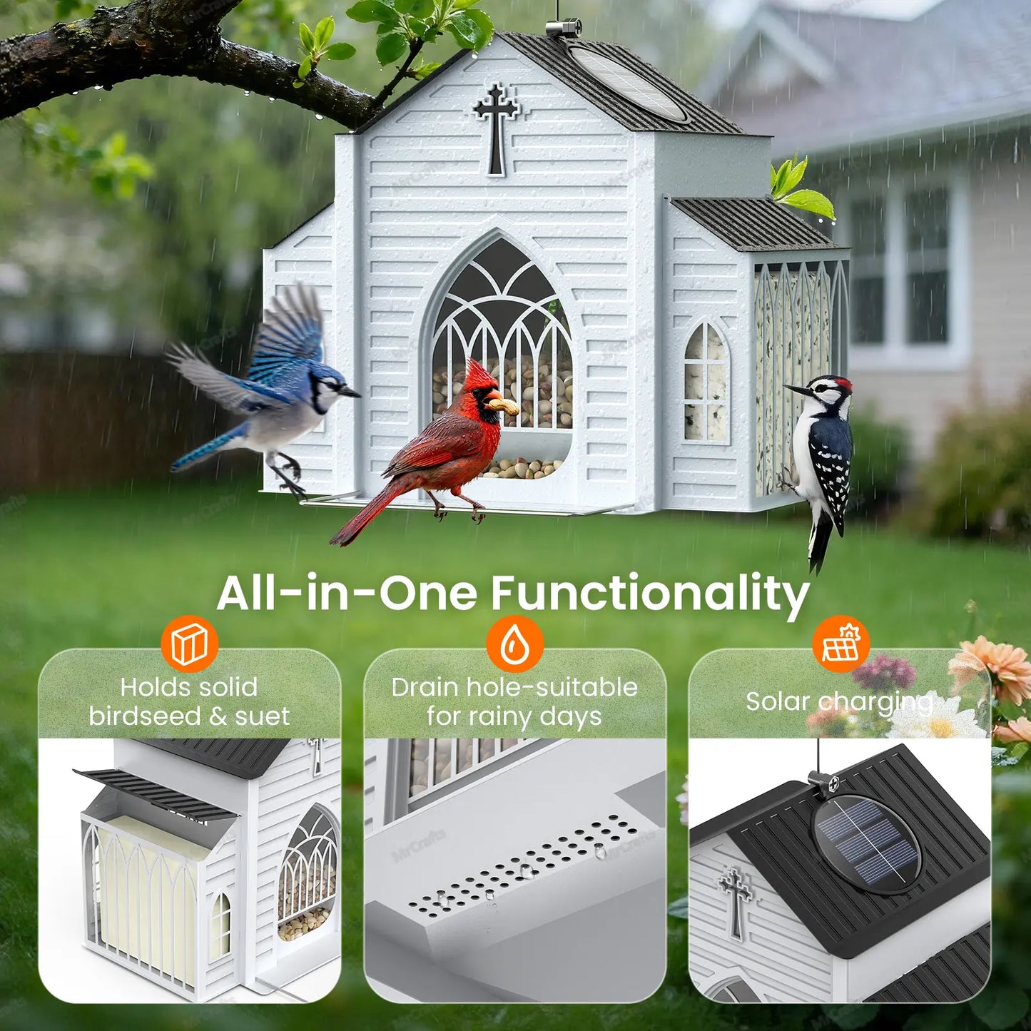 Mrcrafts Solar Church-Shaped Metal Bird Feeder - Weatherproof Hanging Outdoor Feeder with 4lb Capacity & Suet Holder