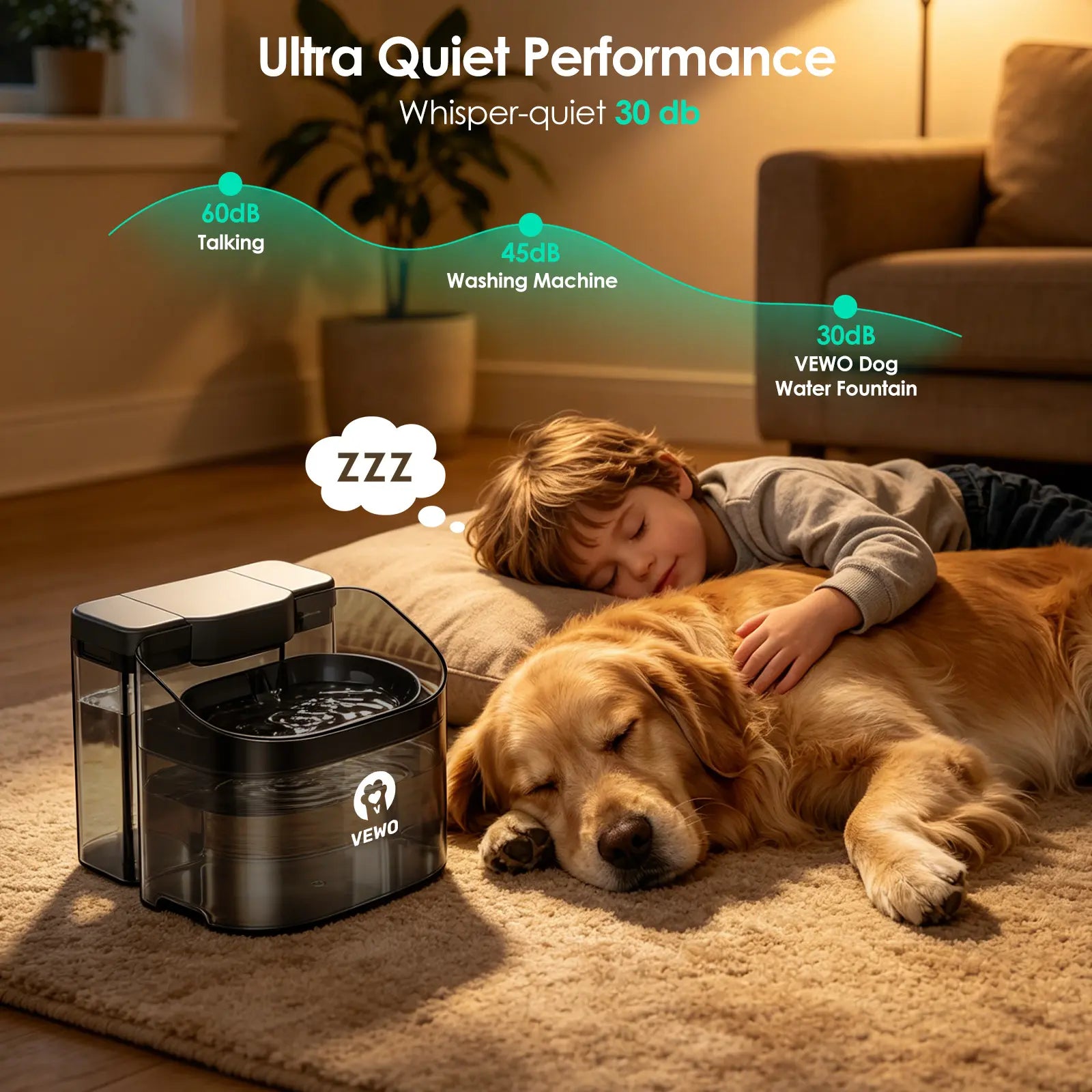 VEWO 11L Large Dog Water Fountain - No-Spill Automatic Pet Water Dispenser with Deep Basin, Black & White