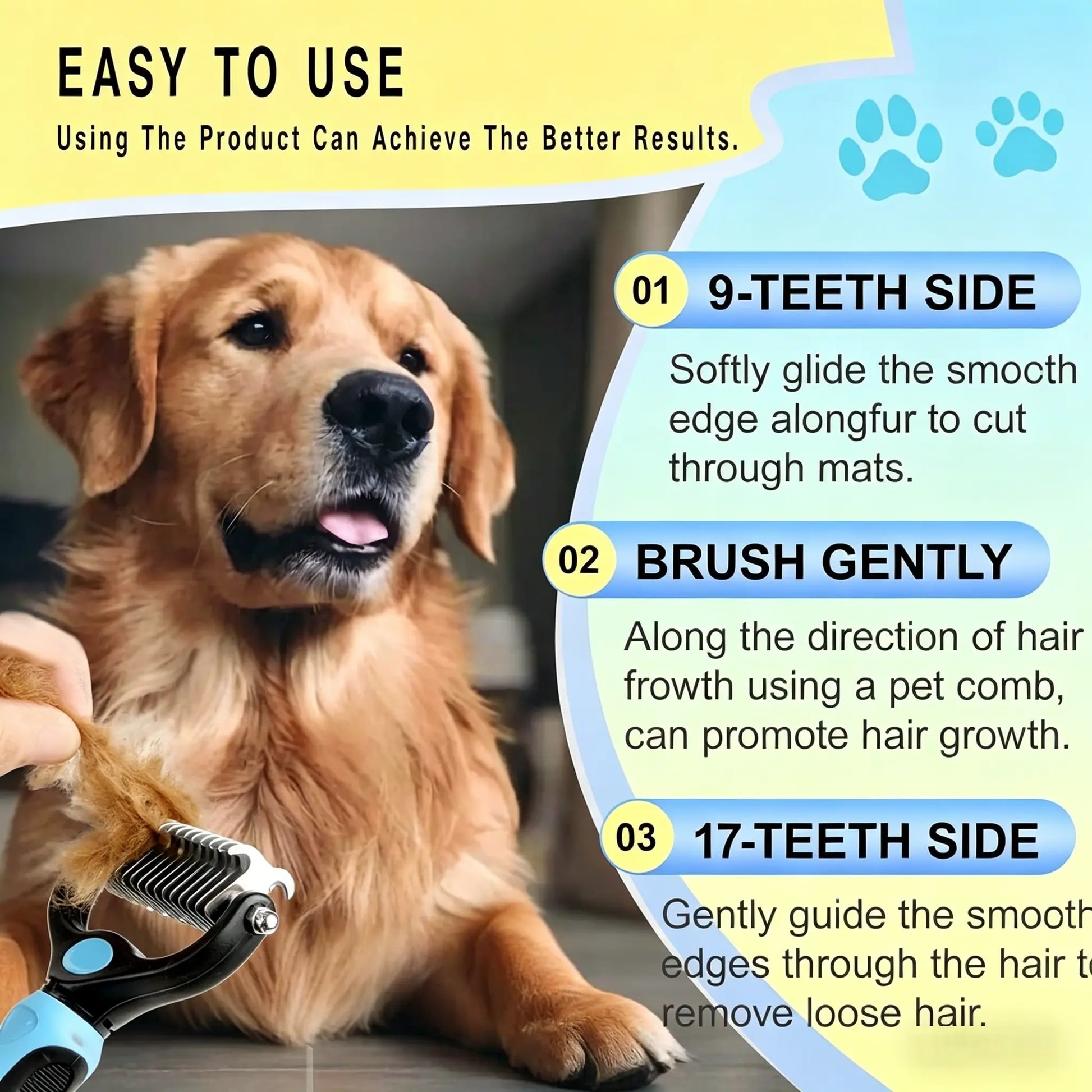 Pet Detangling Comb for Dogs & Cats. Double-Sided Grooming Brush with Undercoat Rake & One-Click Hair Removal
