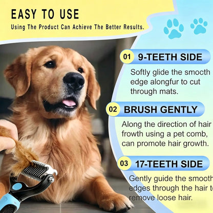 Pet Detangling Comb for Dogs & Cats. Double-Sided Grooming Brush with Undercoat Rake & One-Click Hair Removal