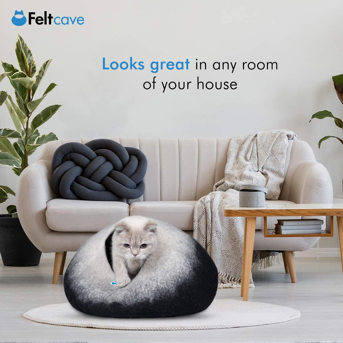 Medium Merino Wool Cat Cave Bed - Black & White Handcrafted Felt Hideaway for Indoor Cats