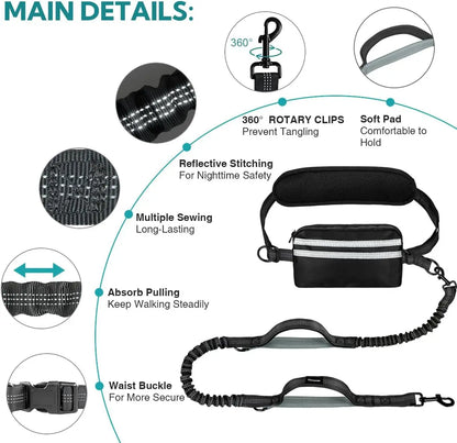 Hands-Free Dual Dog Leash for Walking Two Dogs - No-Tangle Double Lead with Waist Bag, Cushioned Pad & 5 Colour Options