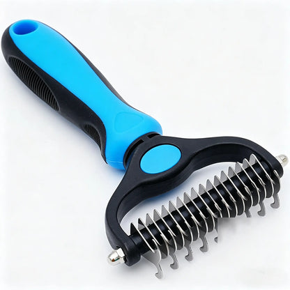 Pet Detangling Comb for Dogs & Cats. Double-Sided Grooming Brush with Undercoat Rake & One-Click Hair Removal
