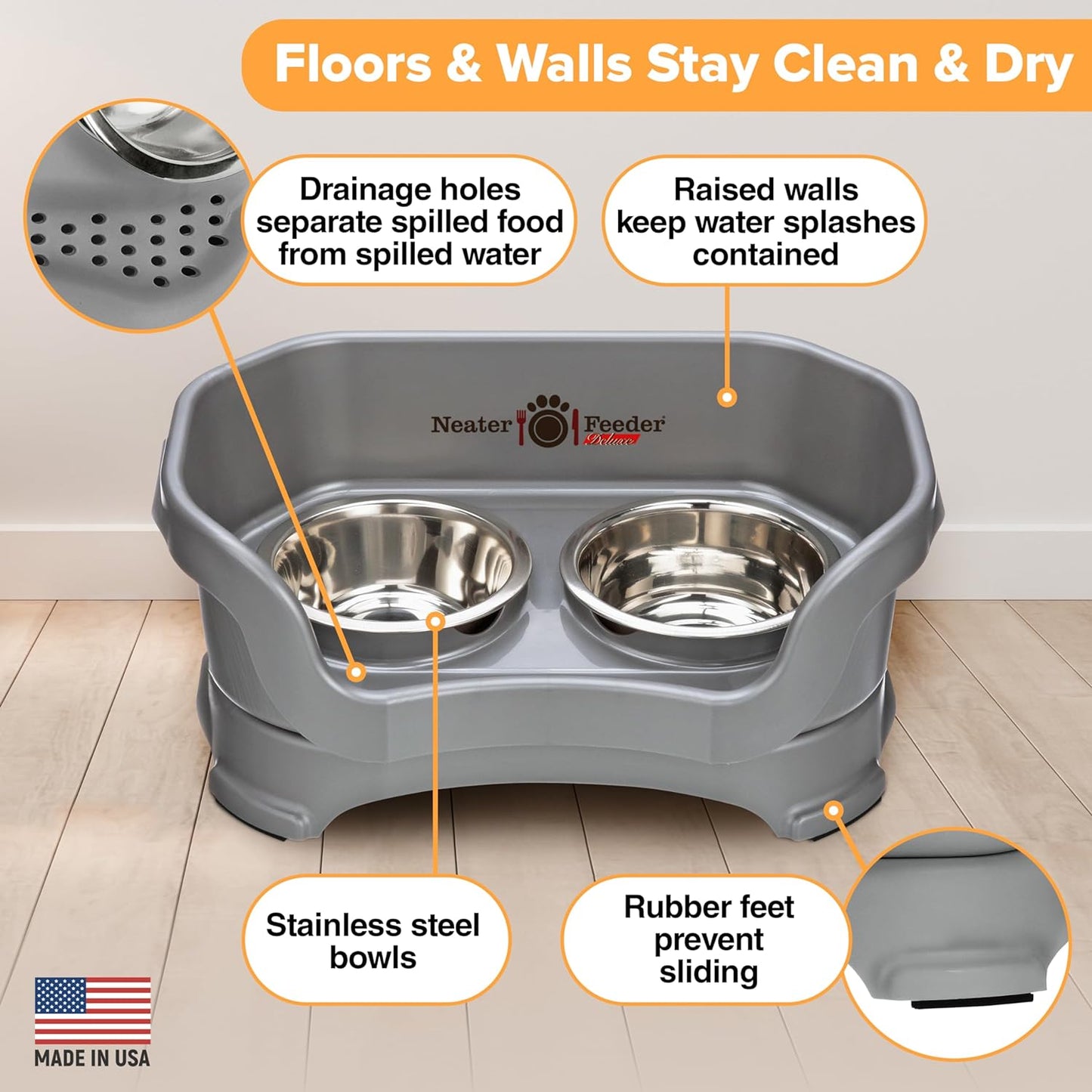 Neater Feeder Deluxe Mess Proof Dog Bowls Elevated for Small Dogs under 19 Lbs, Made in USA, No Spill Raised Dog Food Bowl Stand Feeding Station, Food and Water Bowl Set, Gunmetal