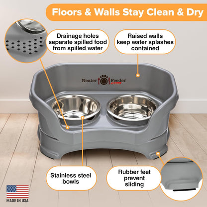 Neater Feeder Deluxe Mess Proof Dog Bowls Elevated for Small Dogs under 19 Lbs, Made in USA, No Spill Raised Dog Food Bowl Stand Feeding Station, Food and Water Bowl Set, Gunmetal