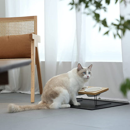Elevated Ceramic Cat Bowls with Bamboo Stand - 15° Tilted Raised Food & Water Bowl Set for Cats & Puppies