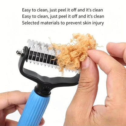 Pet Detangling Comb for Dogs & Cats. Double-Sided Grooming Brush with Undercoat Rake & One-Click Hair Removal